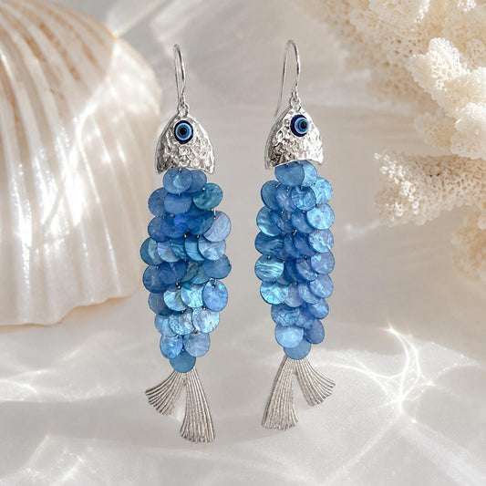 Fish Earrings, Statement Shell Dangle Drops, Blue Mermaidcore Jewelry, Evil Eye Charm, Coastal Boho Gift, Silver Tone