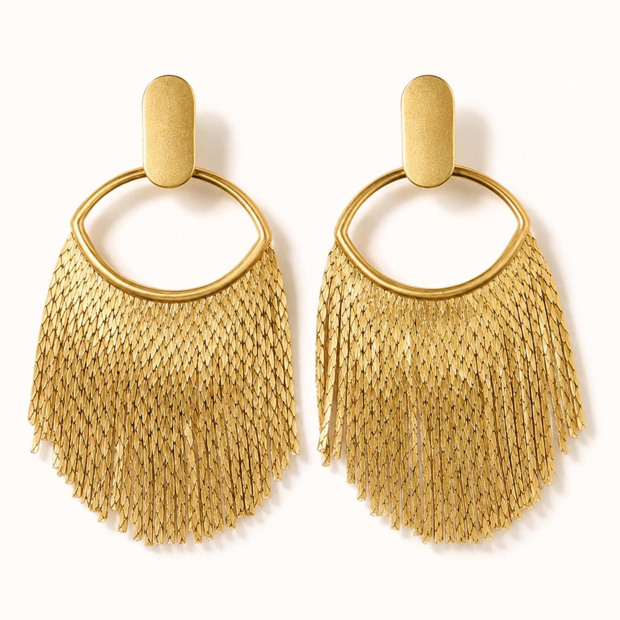 Gold Fringe Earrings, Tassel Waterfall Drops, Vintage Boho Statement Dangles, Chunky Matte Gold Jewelry, Elegant Party Gift for Her