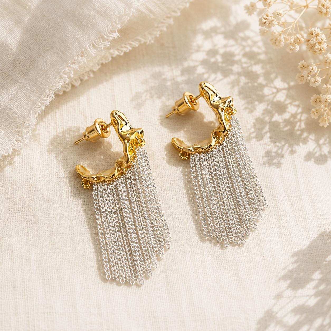 Chain Fringe Earrings, Gold and Silver Mixed Metal Tassel Drops, Molten Half Hoop Dangles, Statement Two Tone Jewelry, Gift for Her