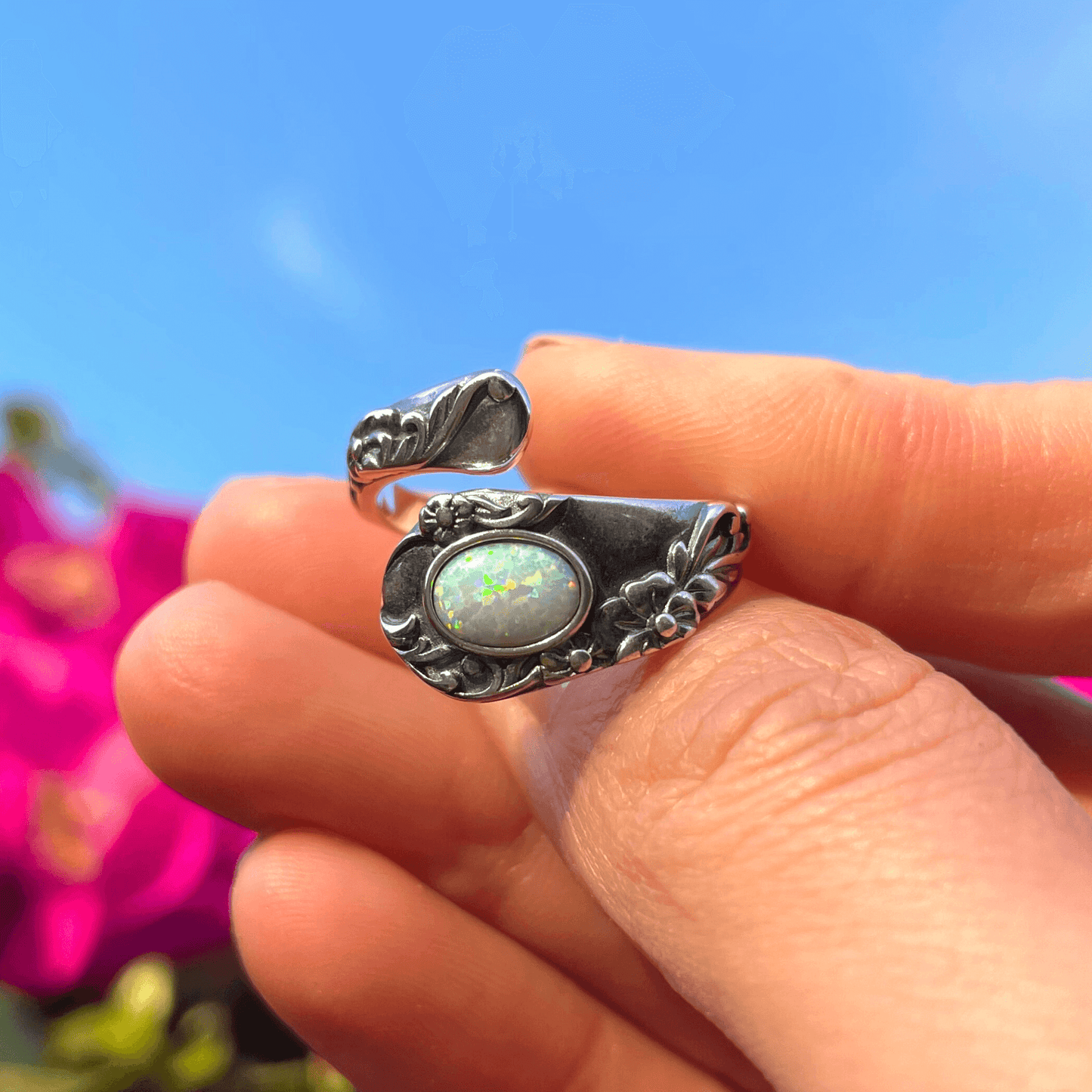 Spoon Ring with Opal in Silver, Boho Ring, Opal Ring, Spoon Ring, Opal Spoon Ring, Adjustable Spoon Ring, Opal Silver Spoon Ring