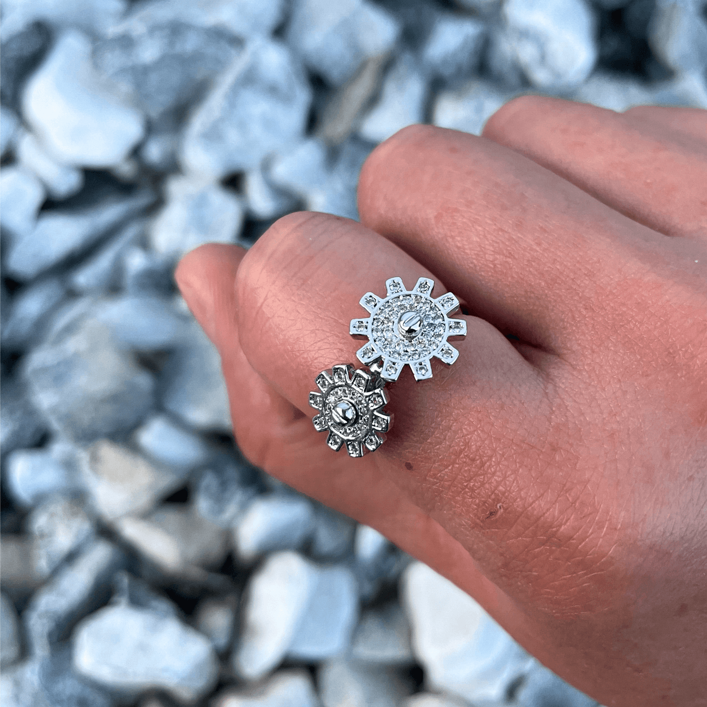 2 Gears Fidget Ring with Zircon Diamond, Gear Spinner Ring, Relaxing Ring, Gear Spinner Open Ring, Gear Open Ring, Two Gears Ring,