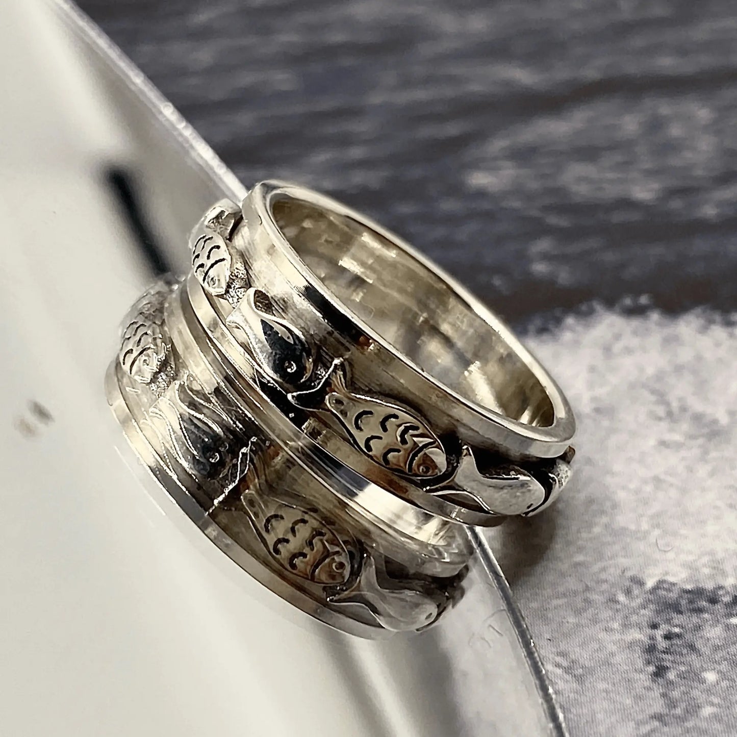 Swimming Fish Spinner Ring in Silver For Fishing Lover EffortlesslyUs