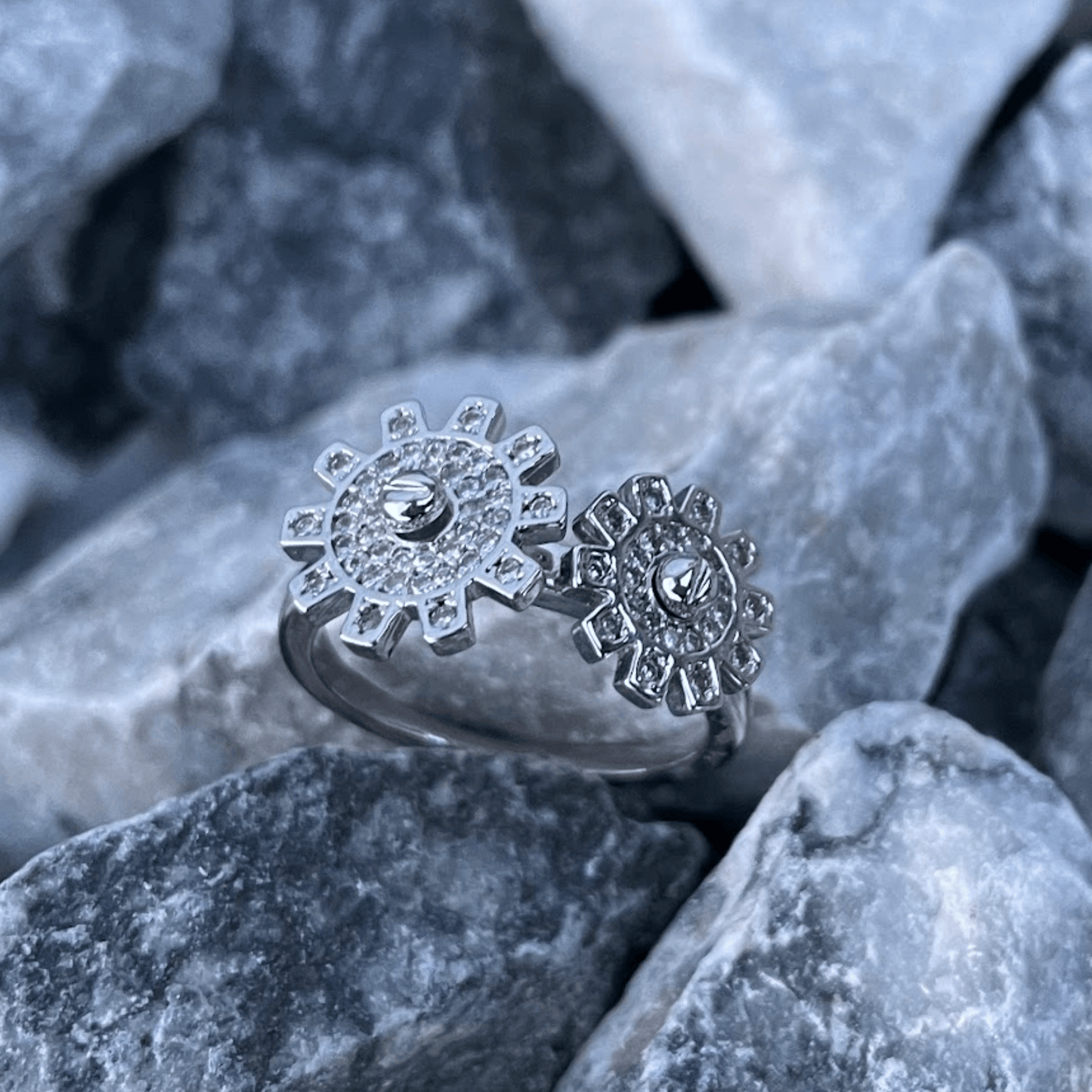 2 Gears Fidget Ring with Zircon Diamond, Gear Spinner Ring, Relaxing Ring, Gear Spinner Open Ring, Gear Open Ring, Two Gears Ring,