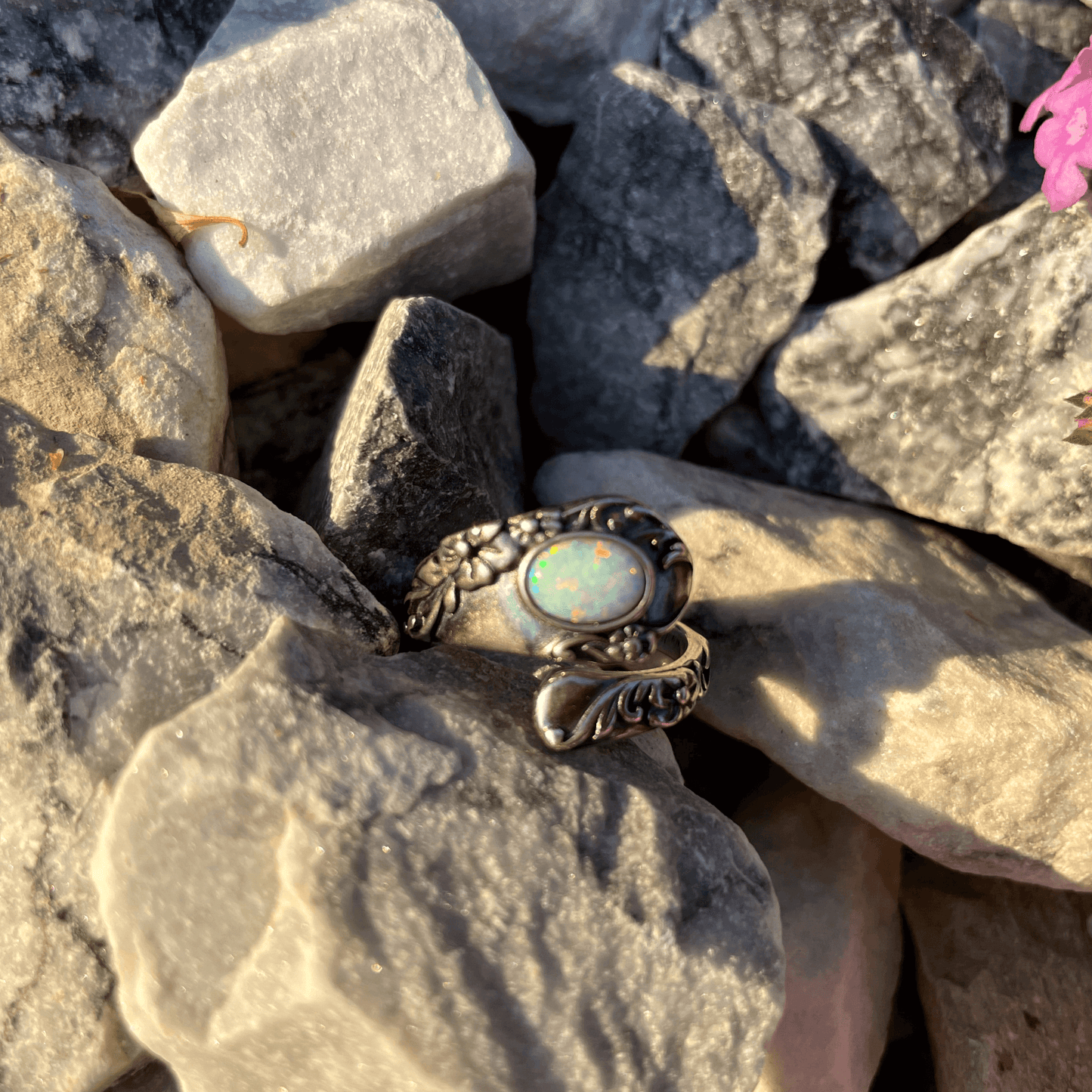 Spoon Ring with Opal in Silver, Boho Ring, Opal Ring, Spoon Ring, Opal Spoon Ring, Adjustable Spoon Ring, Opal Silver Spoon Ring