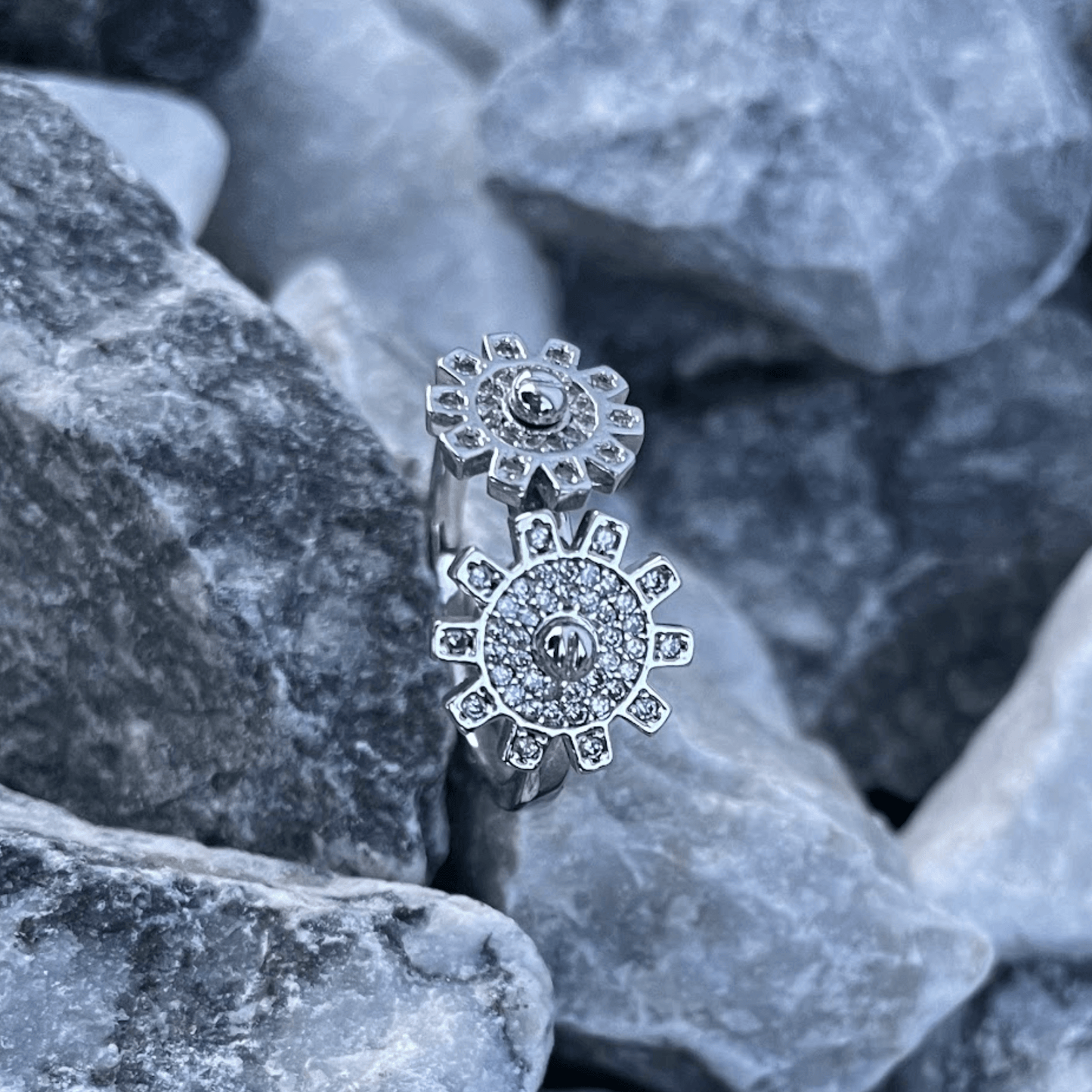 2 Gears Fidget Ring with Zircon Diamond, Gear Spinner Ring, Relaxing Ring, Gear Spinner Open Ring, Gear Open Ring, Two Gears Ring,