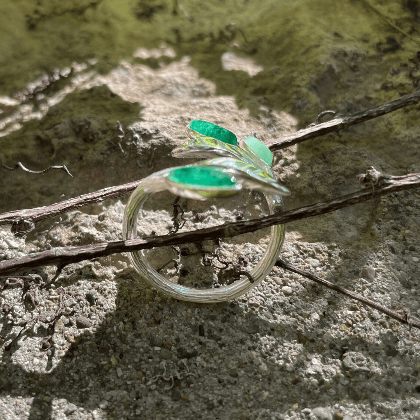 Olive Leaf Bypass Ring with Natural Green Aventurine, Ivy Ring, Green Leaf Ring, Adjustable Ivy Ring, Sterling Silver Green Leaf Ring,