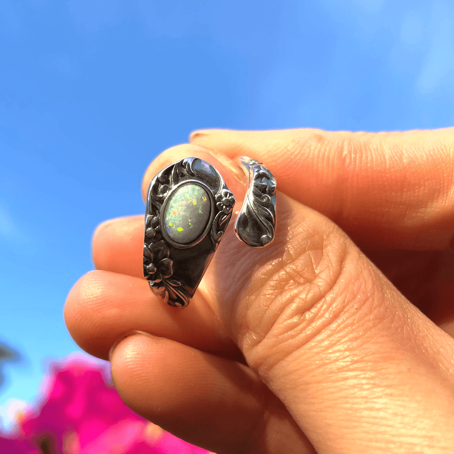 Spoon Ring with Opal in Silver, Boho Ring, Opal Ring, Spoon Ring, Opal Spoon Ring, Adjustable Spoon Ring, Opal Silver Spoon Ring