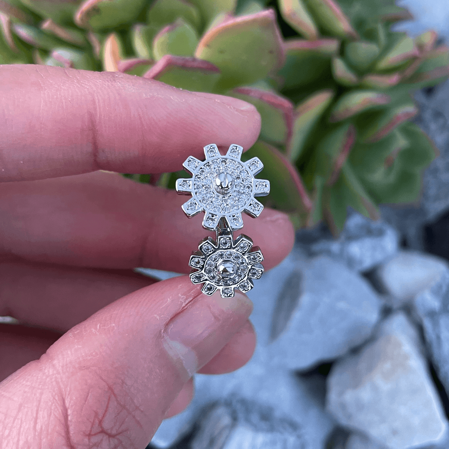 2 Gears Fidget Ring with Zircon Diamond, Gear Spinner Ring, Relaxing Ring, Gear Spinner Open Ring, Gear Open Ring, Two Gears Ring,