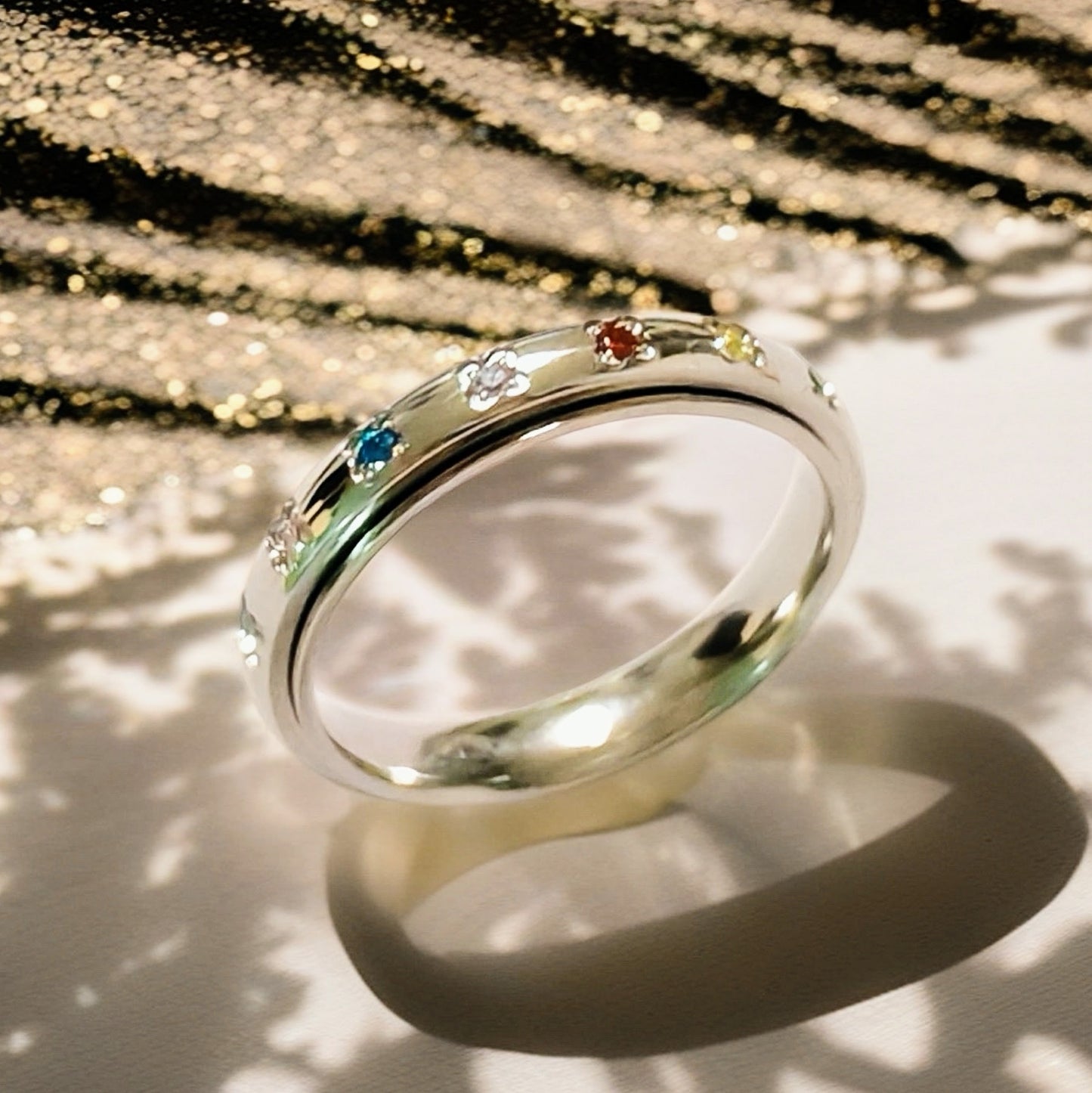 Rainbow Spinner Ring in Stainless Steel, Gemstone Spinner Ring, Stainless Steel Fidget Ring, Anxiety Ring, Gemstone Ring, Gift for Her