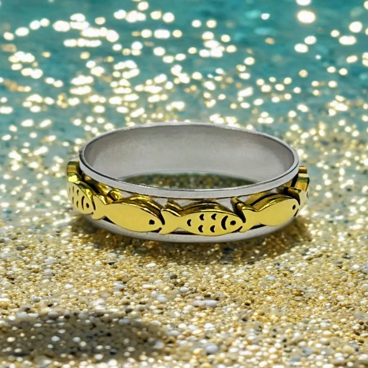 Swimming Fish Spinner Ring in 2 Tone, 2 Tone Fish Spinner Ring, Fish Ring, Fishing Lovers Ring, Animal Ring, Christian Fish Ring, EffortlesslyUs