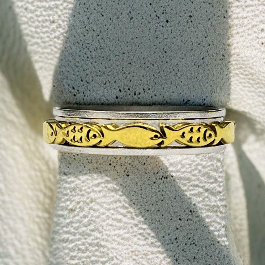 Swimming Fish Spinner Ring in 2 Tone, 2 Tone Fish Spinner Ring, Fish Ring, Fishing Lovers Ring, Animal Ring, Christian Fish Ring,