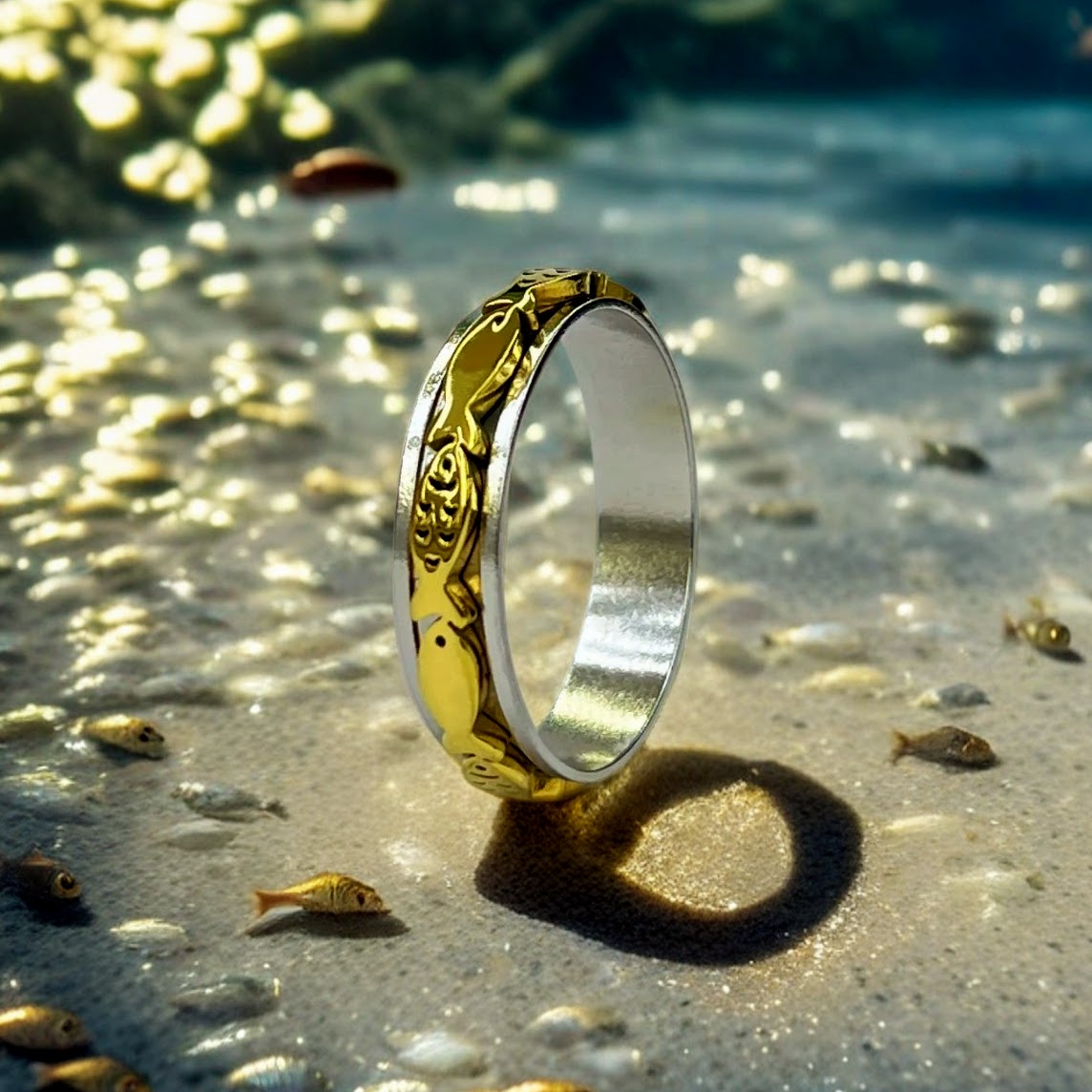 Swimming Fish Spinner Ring in 2 Tone, 2 Tone Fish Spinner Ring, Fish Ring, Fishing Lovers Ring, Animal Ring, Christian Fish Ring,