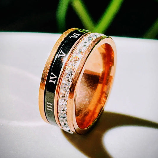 Gold Spinner Ring with Roman Numerals and Gemstones, Rose Gold Ring with Roman Numerals and Gemstones, Roman Numerals Fidget Ring with Gemstones, EffortlesslyUs