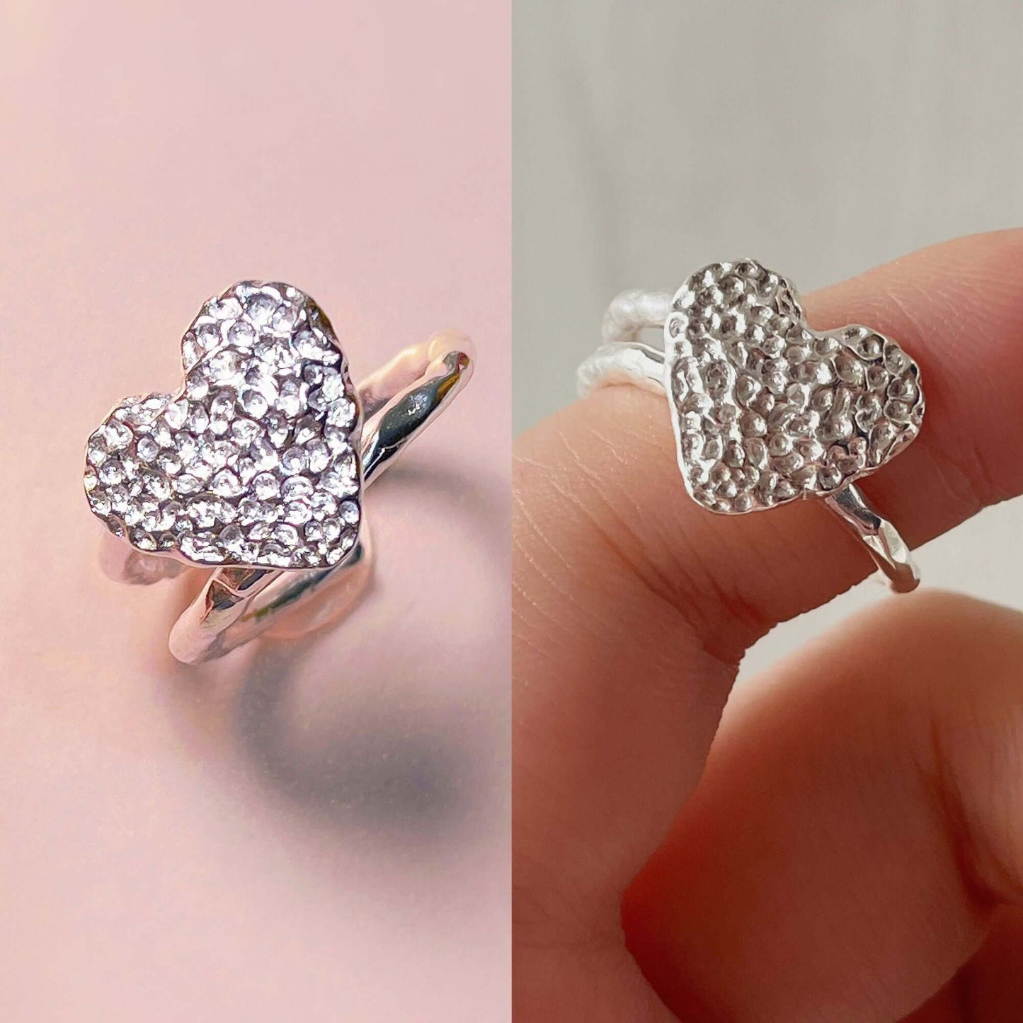 Hammered Heart Open Ring in Silver