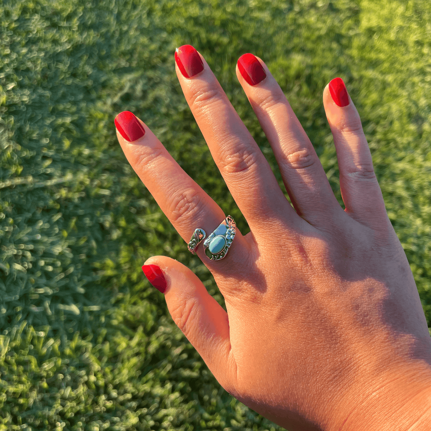 Adjustable Silver Spoon Ring with Turquoise Stone