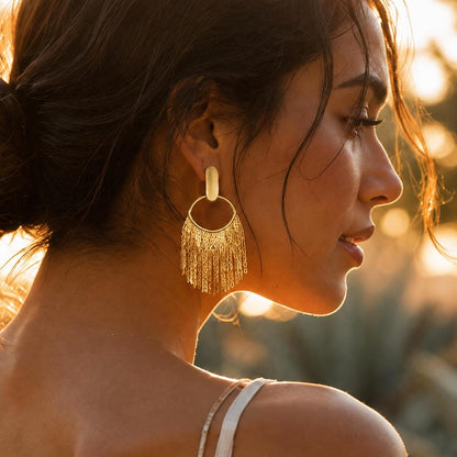 Gold Fringe Earrings, Tassel Waterfall Drops, Vintage Boho Statement Dangles, Chunky Matte Gold Jewelry, Elegant Party Gift for Her
