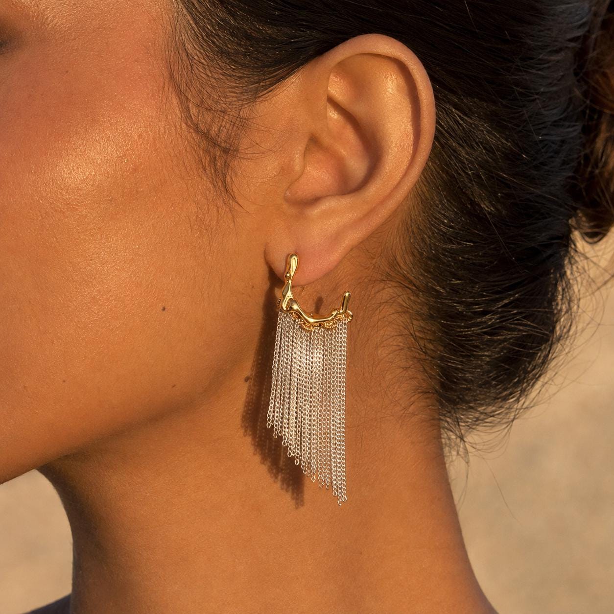 Chain Fringe Earrings, Gold and Silver Mixed Metal Tassel Drops, Molten Half Hoop Dangles, Statement Two Tone Jewelry, Gift for Her