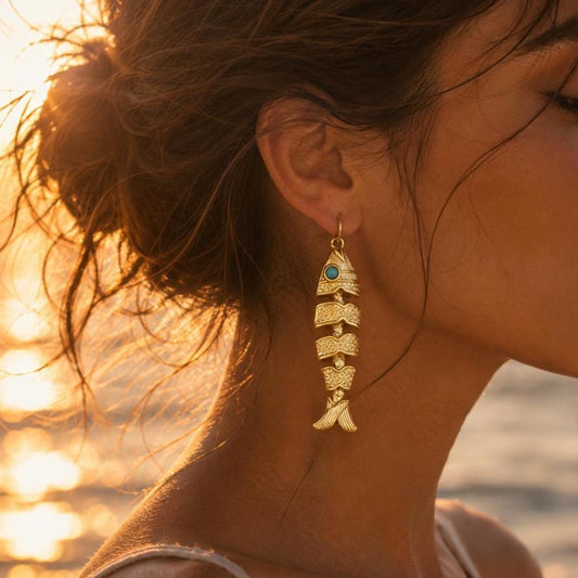 Fish Earrings, Gold Fishbone Dangle Drops, Vintage Boho Movable Fish Jewelry, Turquoise Eye Statement, Ocean Lover Gift for Her