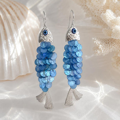 Fish Earrings, Statement Shell Dangle Drops, Blue Mermaidcore Jewelry, Evil Eye Charm, Coastal Boho Gift, Silver Tone