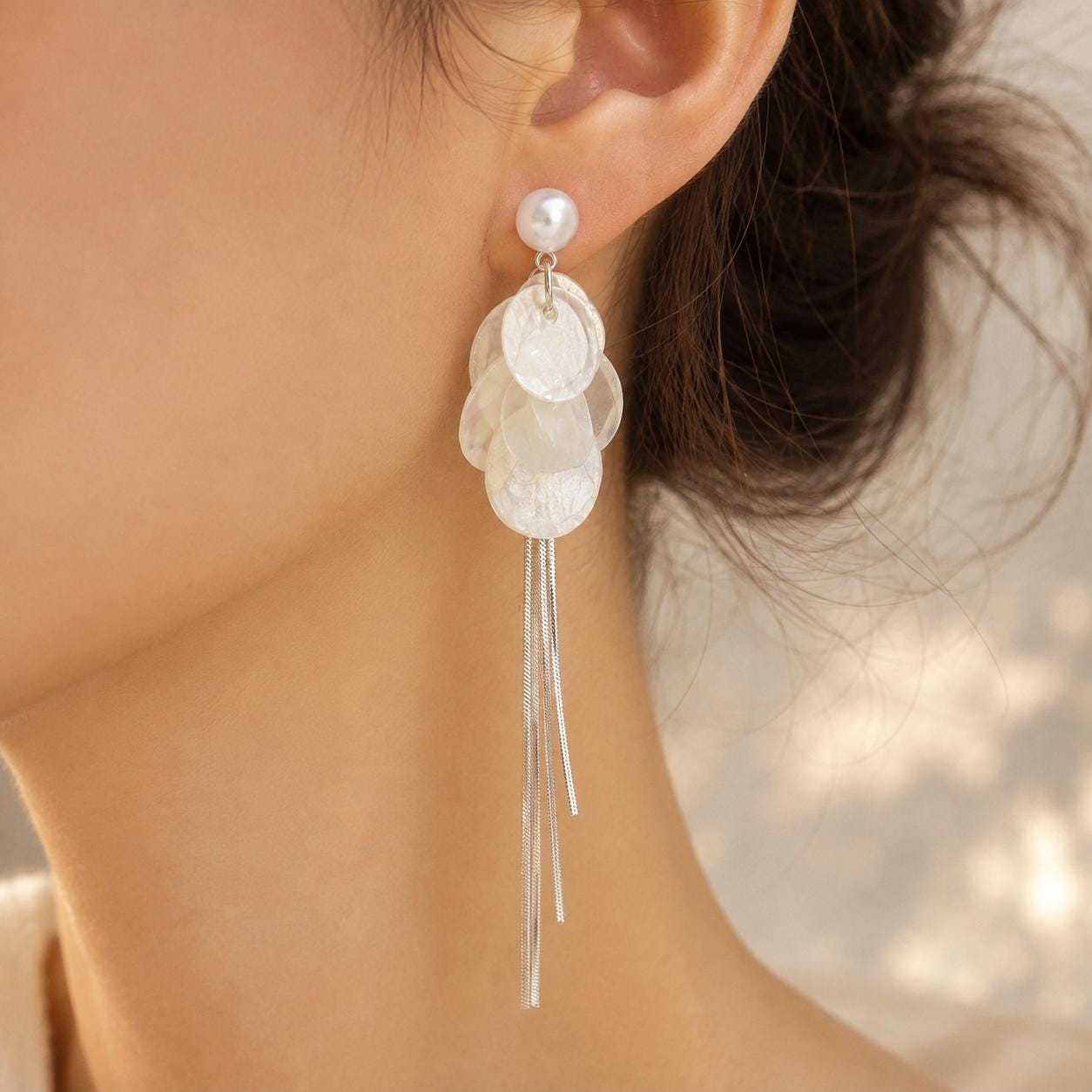 Pearl Shell Tassel Earrings, Long Silver Fringe Drops, Bridal Wedding Dangles, Coastal Mermaidcore Statement Jewelry, Gift for Her