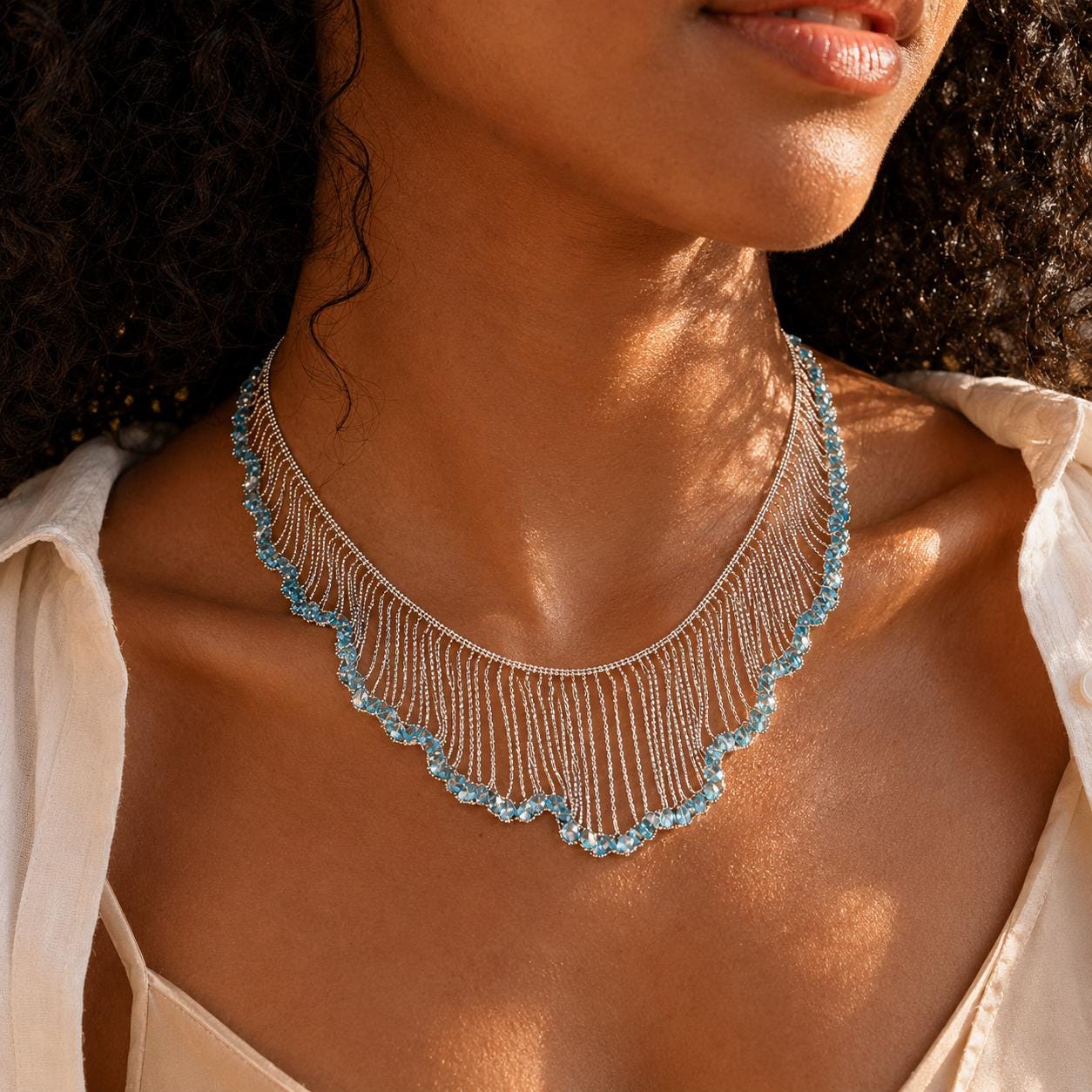 Statement Necklace, Blue Crystal Fringe Collar, Silver Waterfall Bib Choker, Mermaidcore Wave Jewelry, Boho Party Gift for Her