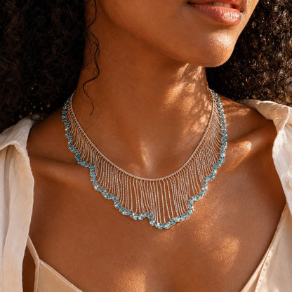 Statement Necklace, Blue Crystal Fringe Collar, Silver Waterfall Bib Choker, Mermaidcore Wave Jewelry, Boho Party Gift for Her
