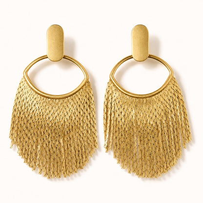 Gold Fringe Earrings, Tassel Waterfall Drops, Vintage Boho Statement Dangles, Chunky Matte Gold Jewelry, Elegant Party Gift for Her
