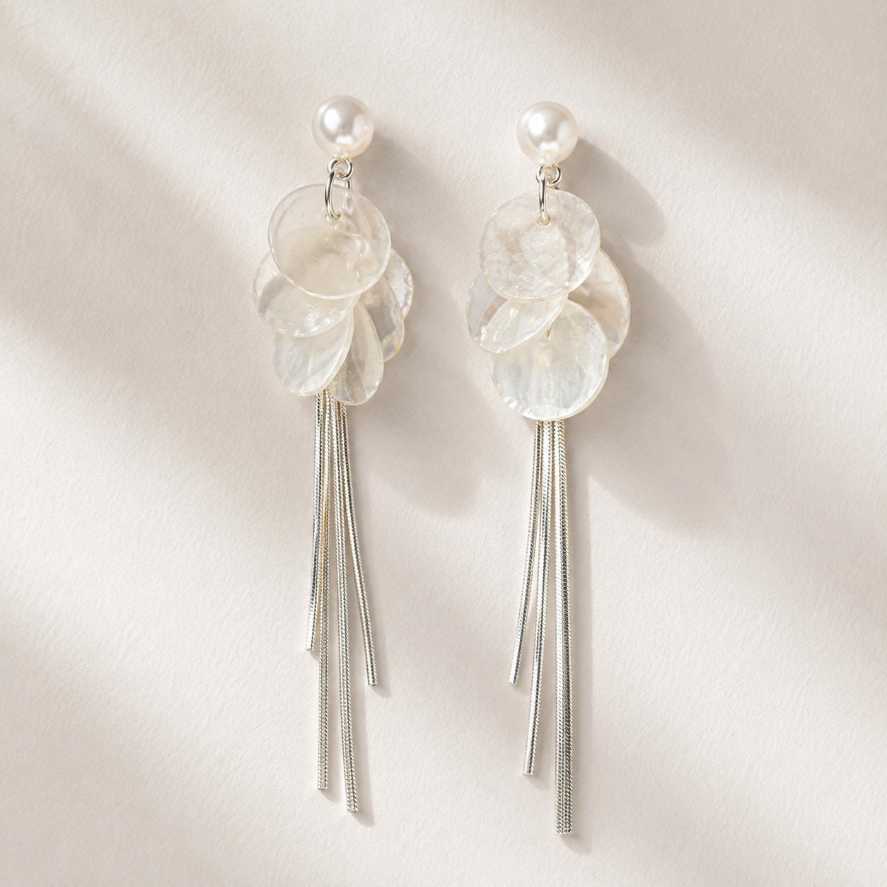 Pearl Shell Tassel Earrings, Long Silver Fringe Drops, Bridal Wedding Dangles, Coastal Mermaidcore Statement Jewelry, Gift for Her