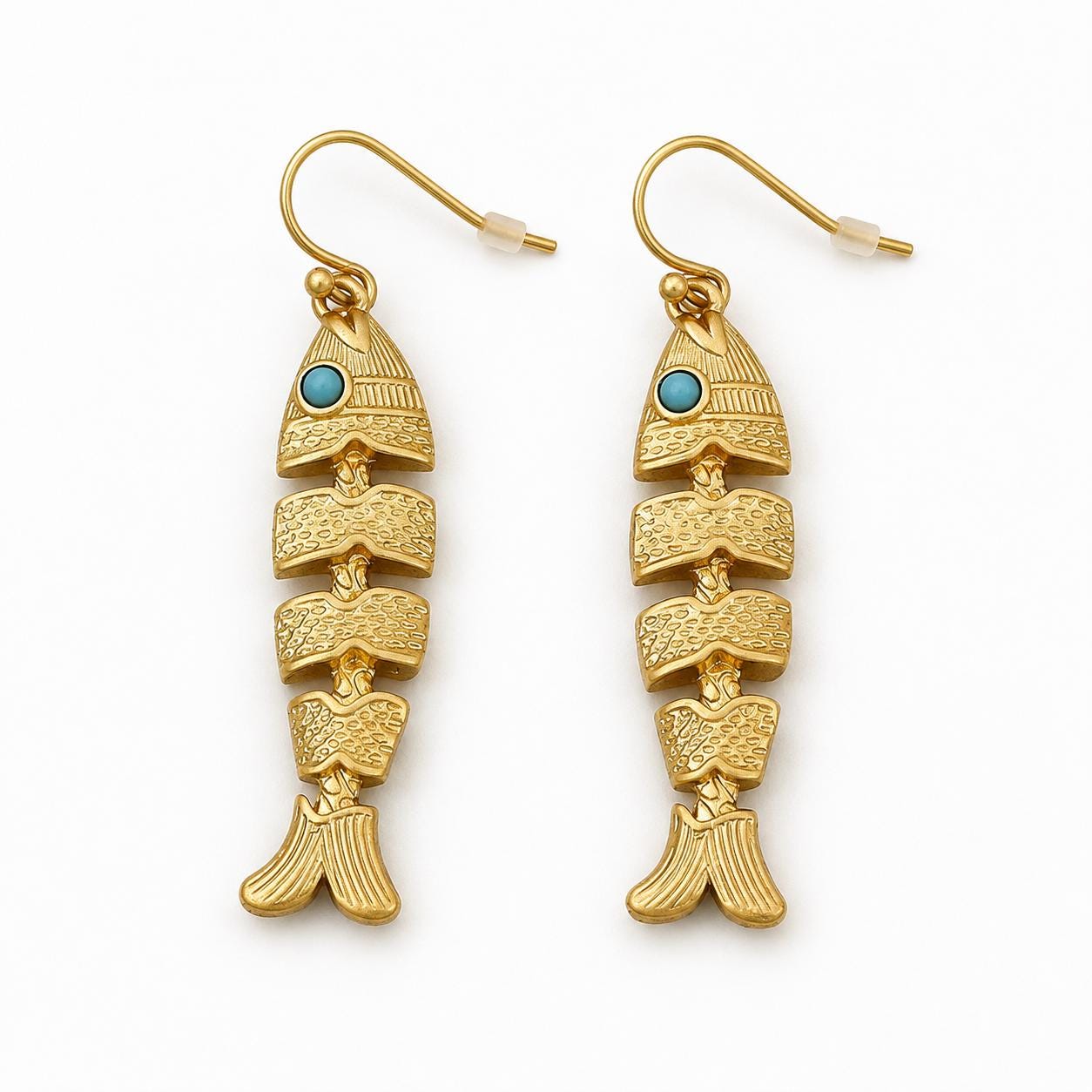 Fish Earrings, Gold Fishbone Dangle Drops, Vintage Boho Movable Fish Jewelry, Turquoise Eye Statement, Ocean Lover Gift for Her