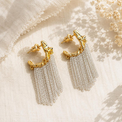 Chain Fringe Earrings, Gold and Silver Mixed Metal Tassel Drops, Molten Half Hoop Dangles, Statement Two Tone Jewelry, Gift for Her