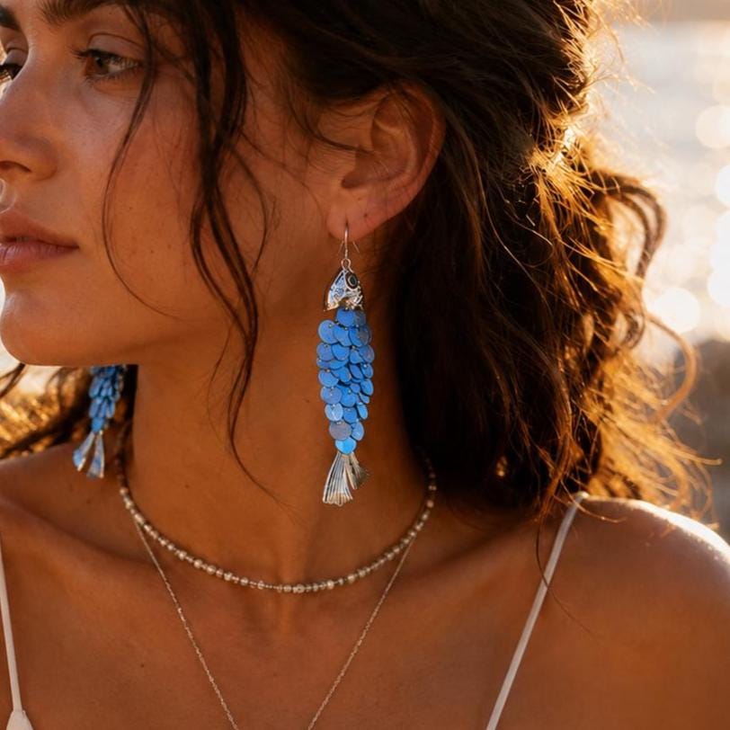 Fish Earrings, Statement Shell Dangle Drops, Blue Mermaidcore Jewelry, Evil Eye Charm, Coastal Boho Gift, Silver Tone