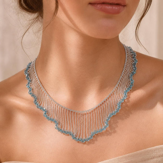 Statement Necklace, Blue Crystal Fringe Collar, Silver Waterfall Bib Choker, Mermaidcore Wave Jewelry, Boho Party Gift for Her