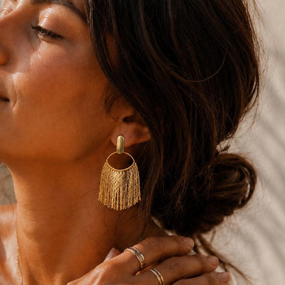 Gold Fringe Earrings, Tassel Waterfall Drops, Vintage Boho Statement Dangles, Chunky Matte Gold Jewelry, Elegant Party Gift for Her