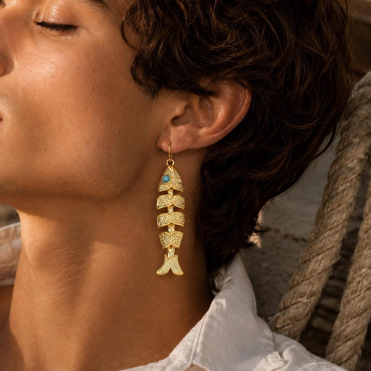 Fish Earrings, Gold Fishbone Dangle Drops, Vintage Boho Movable Fish Jewelry, Turquoise Eye Statement, Ocean Lover Gift for Her