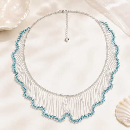 Statement Necklace, Blue Crystal Fringe Collar, Silver Waterfall Bib Choker, Mermaidcore Wave Jewelry, Boho Party Gift for Her