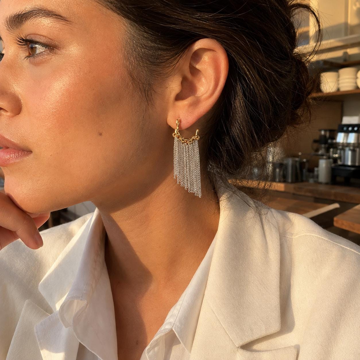 Chain Fringe Earrings, Gold and Silver Mixed Metal Tassel Drops, Molten Half Hoop Dangles, Statement Two Tone Jewelry, Gift for Her