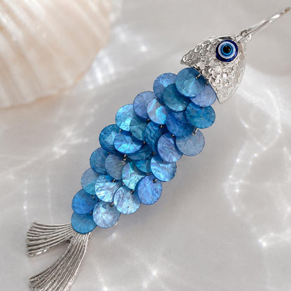 Fish Earrings, Statement Shell Dangle Drops, Blue Mermaidcore Jewelry, Evil Eye Charm, Coastal Boho Gift, Silver Tone