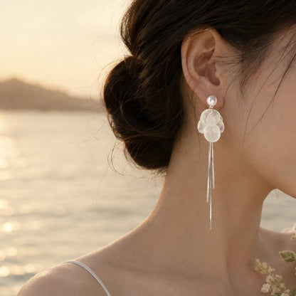 Pearl Shell Tassel Earrings, Long Silver Fringe Drops, Bridal Wedding Dangles, Coastal Mermaidcore Statement Jewelry, Gift for Her