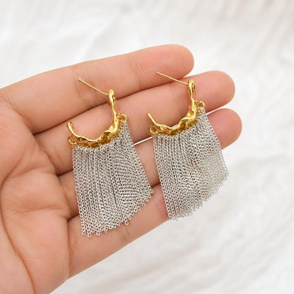 Chain Fringe Earrings, Gold and Silver Mixed Metal Tassel Drops, Molten Half Hoop Dangles, Statement Two Tone Jewelry, Gift for Her