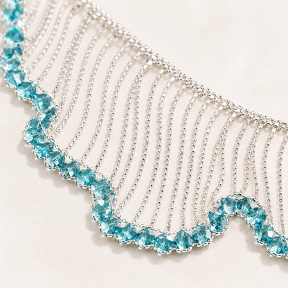 Statement Necklace, Blue Crystal Fringe Collar, Silver Waterfall Bib Choker, Mermaidcore Wave Jewelry, Boho Party Gift for Her