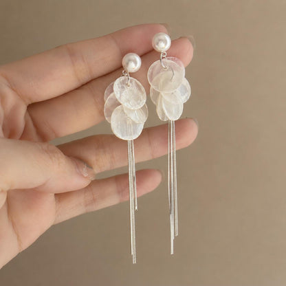 Pearl Shell Tassel Earrings, Long Silver Fringe Drops, Bridal Wedding Dangles, Coastal Mermaidcore Statement Jewelry, Gift for Her