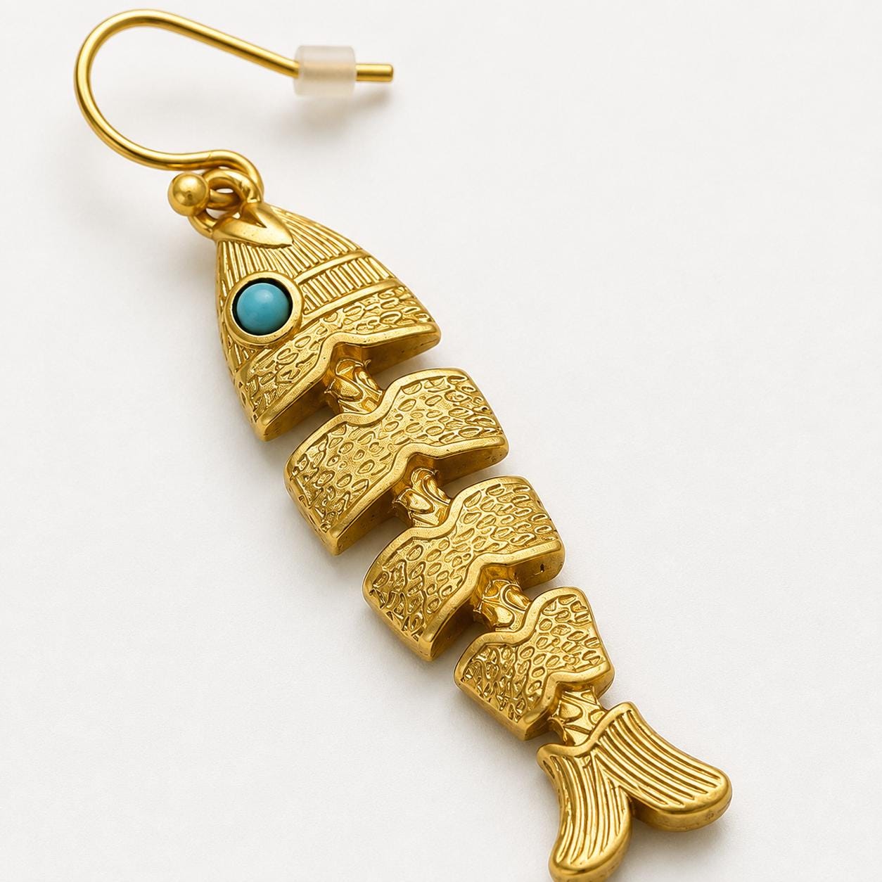 Fish Earrings, Gold Fishbone Dangle Drops, Vintage Boho Movable Fish Jewelry, Turquoise Eye Statement, Ocean Lover Gift for Her