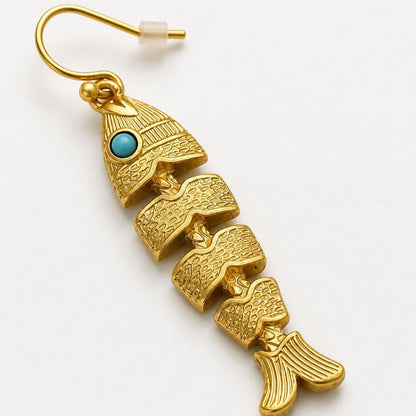 Fish Earrings, Gold Fishbone Dangle Drops, Vintage Boho Movable Fish Jewelry, Turquoise Eye Statement, Ocean Lover Gift for Her