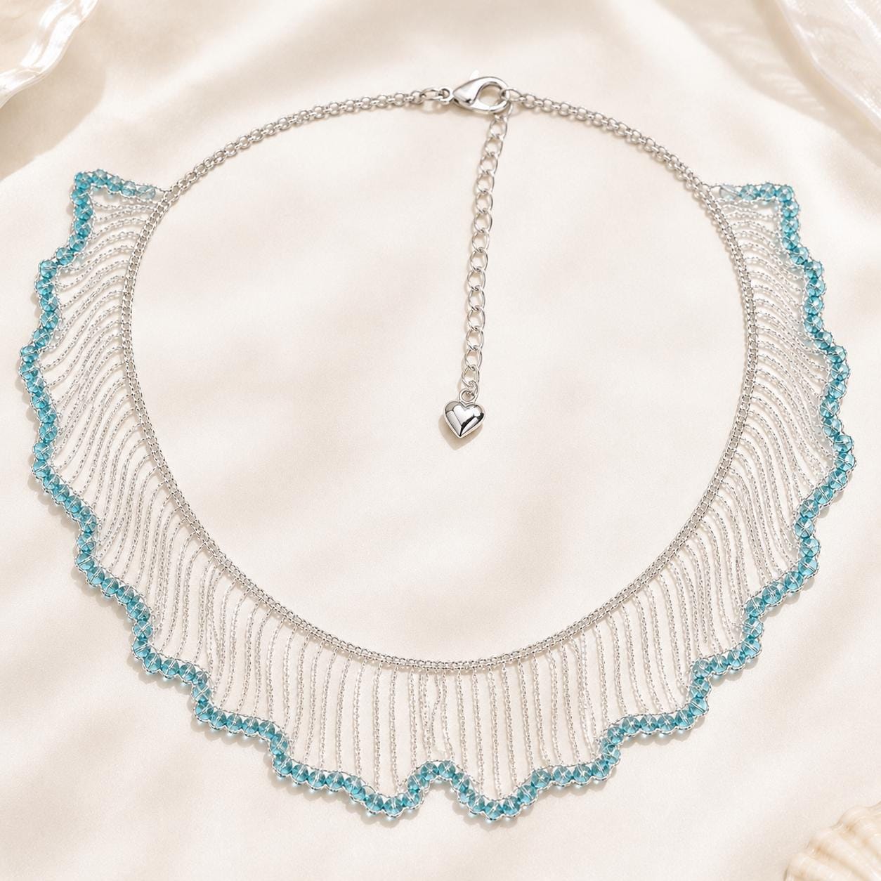 Statement Necklace, Blue Crystal Fringe Collar, Silver Waterfall Bib Choker, Mermaidcore Wave Jewelry, Boho Party Gift for Her