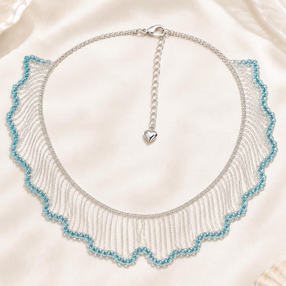 Statement Necklace, Blue Crystal Fringe Collar, Silver Waterfall Bib Choker, Mermaidcore Wave Jewelry, Boho Party Gift for Her