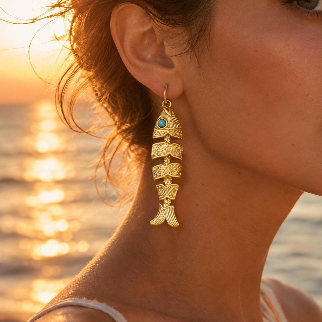 Fish Earrings, Gold Fishbone Dangle Drops, Vintage Boho Movable Fish Jewelry, Turquoise Eye Statement, Ocean Lover Gift for Her