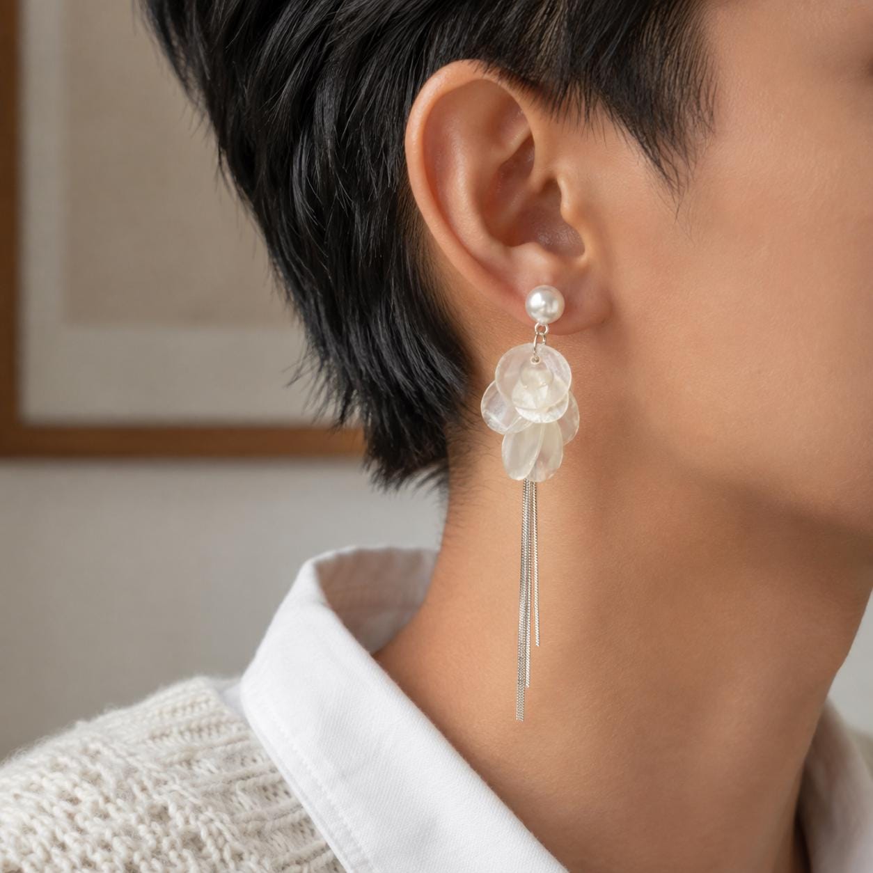 Pearl Shell Tassel Earrings, Long Silver Fringe Drops, Bridal Wedding Dangles, Coastal Mermaidcore Statement Jewelry, Gift for Her