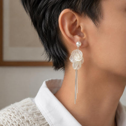 Pearl Shell Tassel Earrings, Long Silver Fringe Drops, Bridal Wedding Dangles, Coastal Mermaidcore Statement Jewelry, Gift for Her