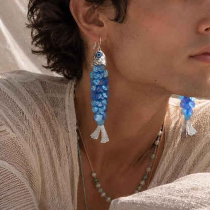 Fish Earrings, Statement Shell Dangle Drops, Blue Mermaidcore Jewelry, Evil Eye Charm, Coastal Boho Gift, Silver Tone
