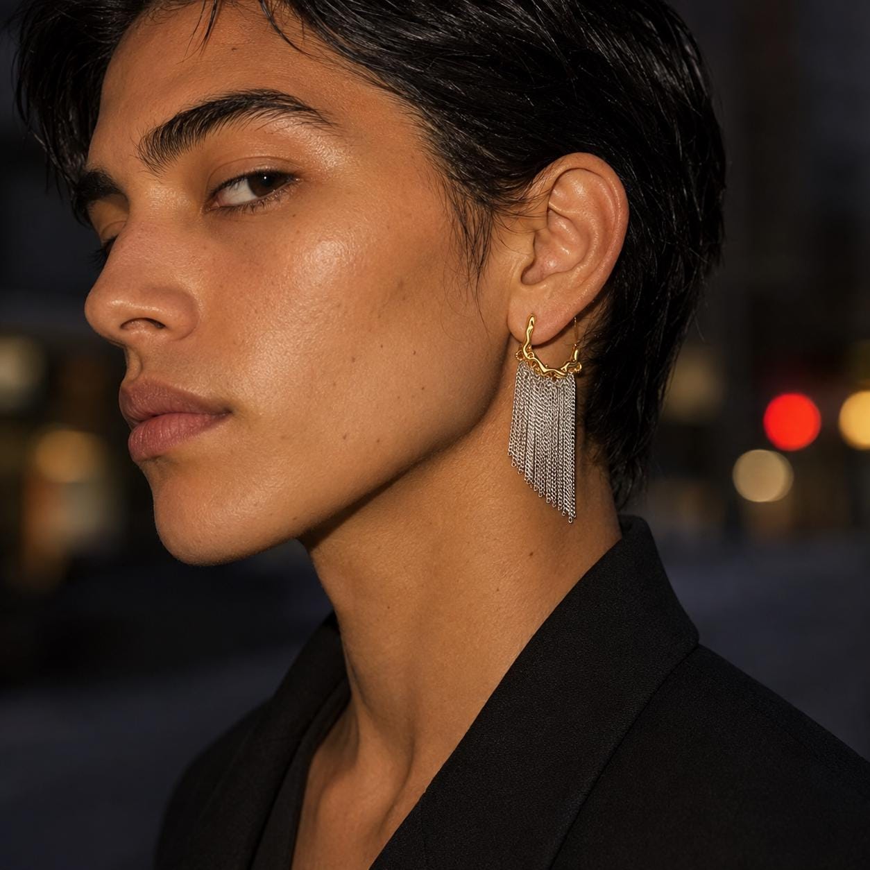 Chain Fringe Earrings, Gold and Silver Mixed Metal Tassel Drops, Molten Half Hoop Dangles, Statement Two Tone Jewelry, Gift for Her